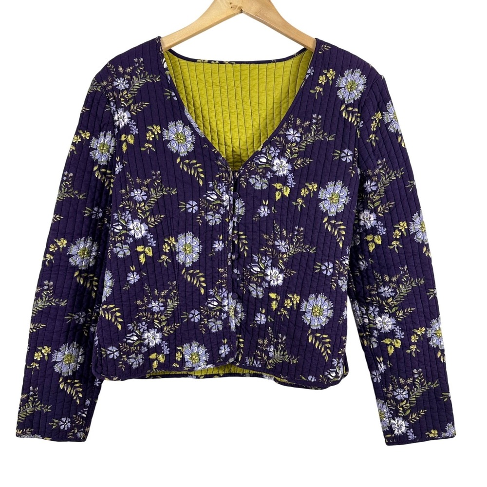 Zara Purple Floral Quilted Cotton Jacket V-Neck Button Size S/M Cottagecore